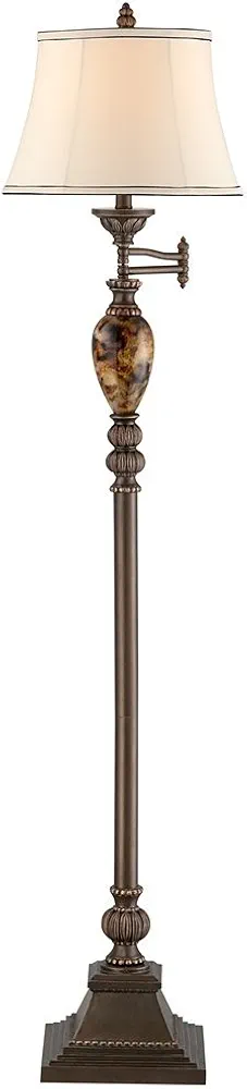 kathy ireland Mulholland Rustic Vintage Swing Arm Floor Lamp Standing 61" Tall Bronze Marble Font Ivory Faux Silk Drum Shade Decor for Living Room Reading House Bedroom Home Family Office