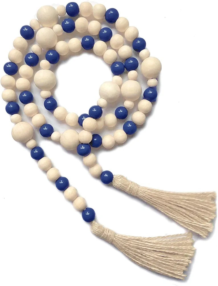 Wood Bead Garland with Tassels 61 Inches, Wooden Beads Garland, Boho Home Decor, Decorative Beads Garland Decor, Farmhouse Beads Garland for Tiered Tray Decor Navy Blue