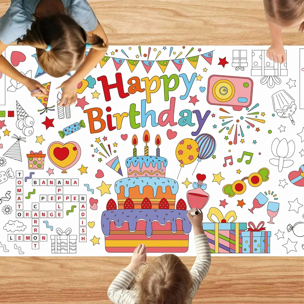 Happy Birthday Coloring Tablecloth - 30x72 Inches Giant Coloring Poster Birthday Indoor Party Supplies Classroom Activities Multiple Kids Birthday Crafts Events Decoration