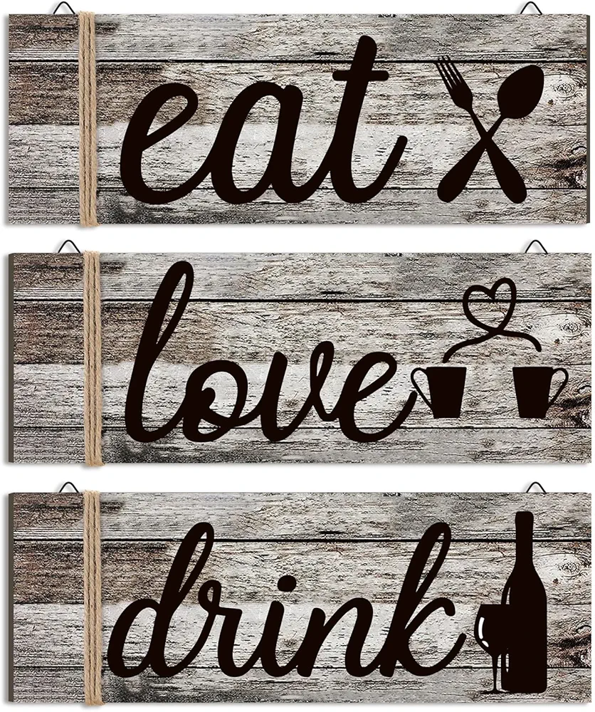 Jetec 3 Pcs Farmhouse Kitchen Wall Decor Eat Sign Rustic Wooden Kitchen Sign Wood Home Sign Eat Drink Love Sign with Hanging Hole for Home Kitchen Living Room Bar Decor (Classic Color,Rustic Style)