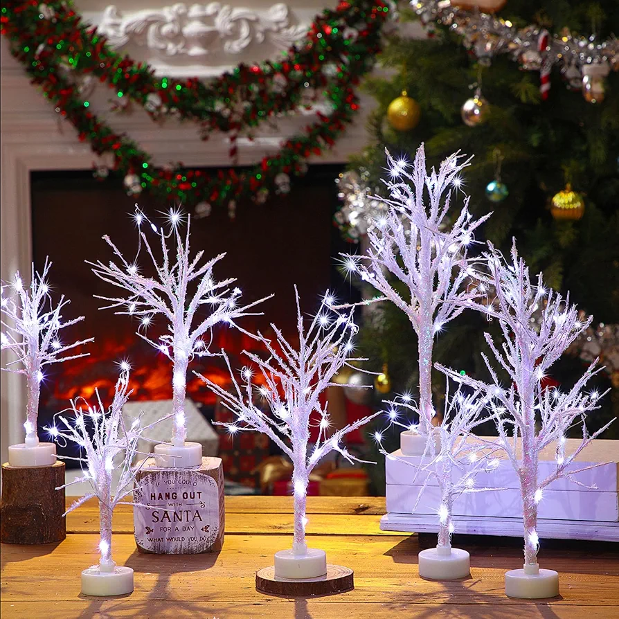 7 Pcs LED Christmas Trees White Birch for Table Decor Artificial Christmas Village with String Light Christmas Decorations for Fall Home, Bedroom, Office, Living Room, Wedding Decor