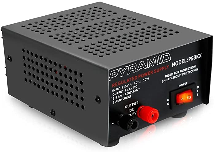 Universal Compact Bench Power Supply - 2.5 Amp Linear Regulated Home Lab Benchtop AC-to-DC 12V Converter w/ 13.8 Volt DC 115V AC 50 Watt Power Input, Screw Type Terminals, Cooling Fan - Pyramid PS3KX