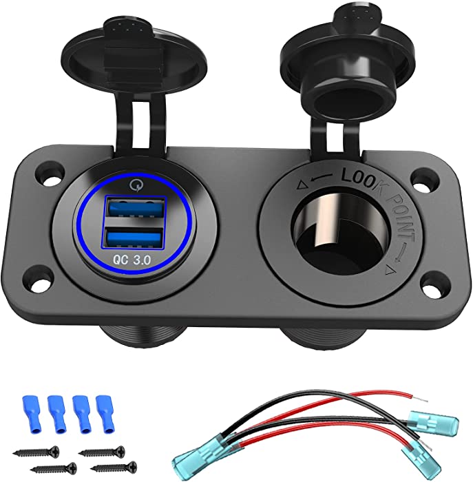 QC 3.0 USB Outlet 12V Boat Marine Waterproof Cigarette Lighter Socket Splitter 12 Volt DC Power Charger Adapter DIY Kit with Blue LED Dual USB Ports for Rocker Switch Panel on Car RV Golf Cart ATV