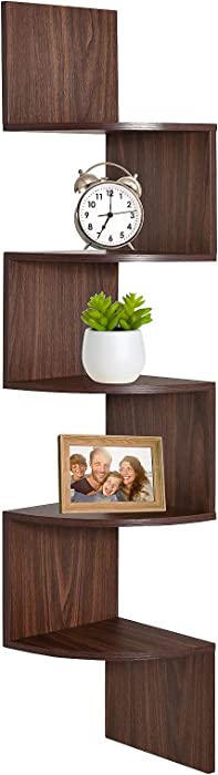 Corner Shelf, Greenco 5 Tier Floating Shelves for Wall, Easy-to-Assemble Wall Mount Corner Shelves for Bedrooms and Living Rooms, Rustic Walnut Finish