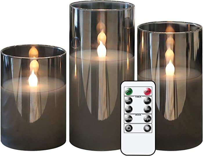 GenSwin Gray Glass Battery Operated Flameless Led Candles with 10-Key Remote and Timer, Real Wax Candles Warm White Flickering Light for Home Decoration(Set of 3)