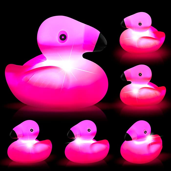 6 Pcs Bath Toys Light Up Floating Rubber Toys Flashing Flamingo Rubber Toy Flamingo Shape Light Up Bath Toys Glowing Bathtub Toys for Summer Pool Shower Party Favors