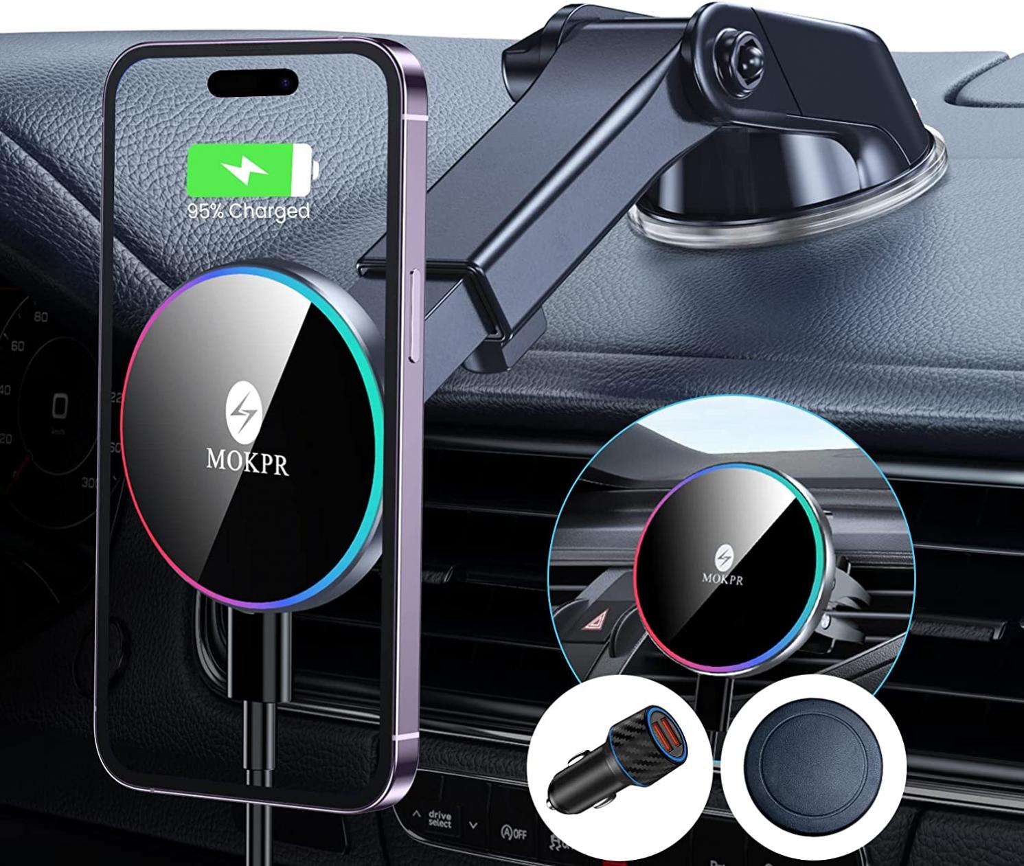 Magnetic Wireless Car Charger, MOKPR Dashboard and Air Ven Fast MagSafe Car Charger with Colorful LED, Compatible with iPhone 14/13/12 Series