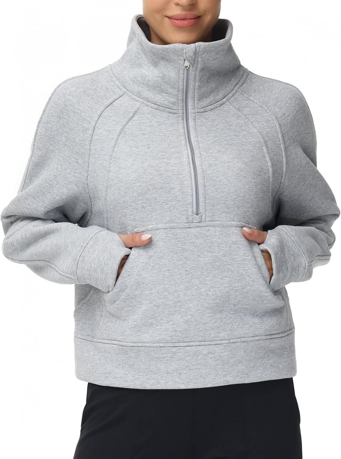 THE GYM PEOPLE Womens' Half Zip Pullover Fleece Stand Collar Crop Sweatshirt with Pockets Thumb Hole