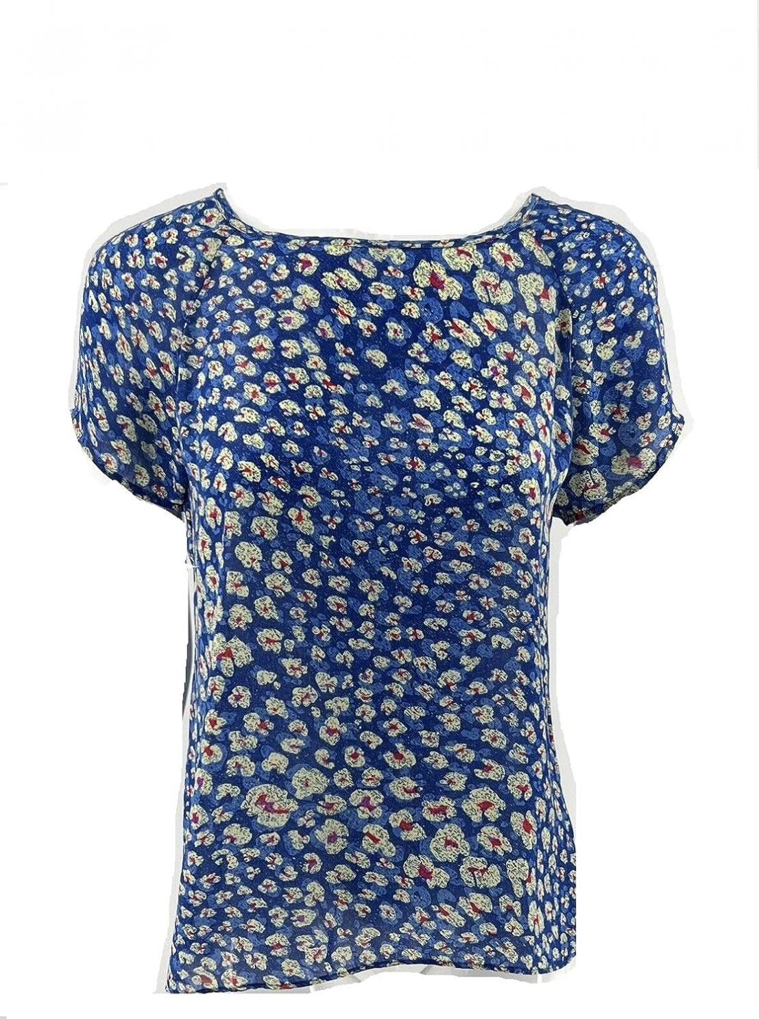 cabi Blue Floral Short Sleeve Crossover Button Back Top Style 299