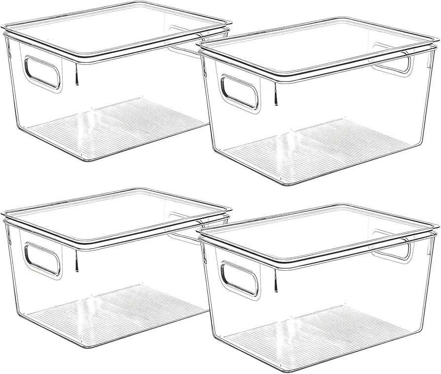 Clear Storage Bins with Lids, Stackable Pantry Organizers and Storage Plastic Containers, Fridge Organizer Bins Kitchen Cabinet Organizer Bin for Organizing Refrigerator Organization