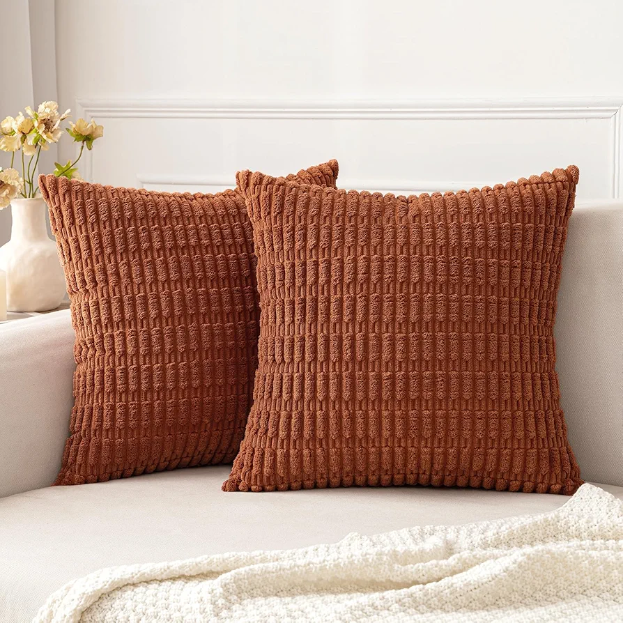 MIULEE Pack of 2 Corduroy Decorative Throw Pillow Covers 18x18 Inch Soft Boho Striped Pillow Covers Modern Farmhouse Fall Home Decor for Sofa Living Room Couch Bed Dark Rust