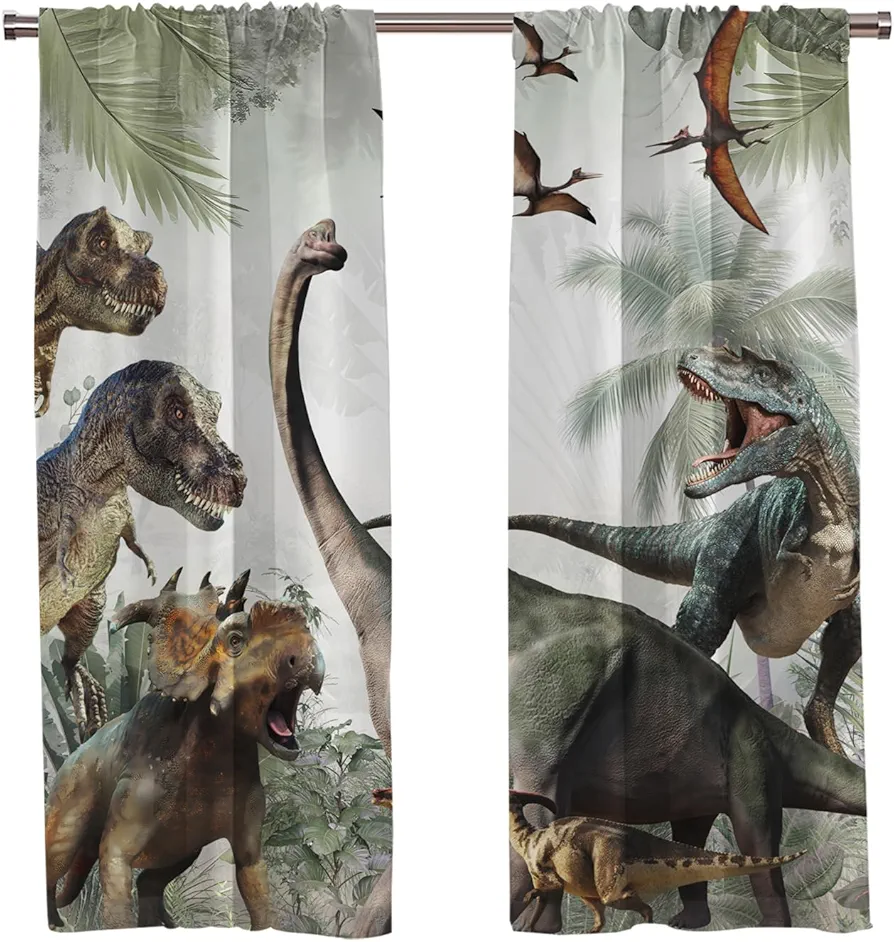 Dinosaur Jurassic Rod Curtains Dino for Boys Kids Bedroom Funny Animals Nature Realistic Window Cute Room Drapes 2 Panels for Living Bedroom Decoration Decor 42X63 inch