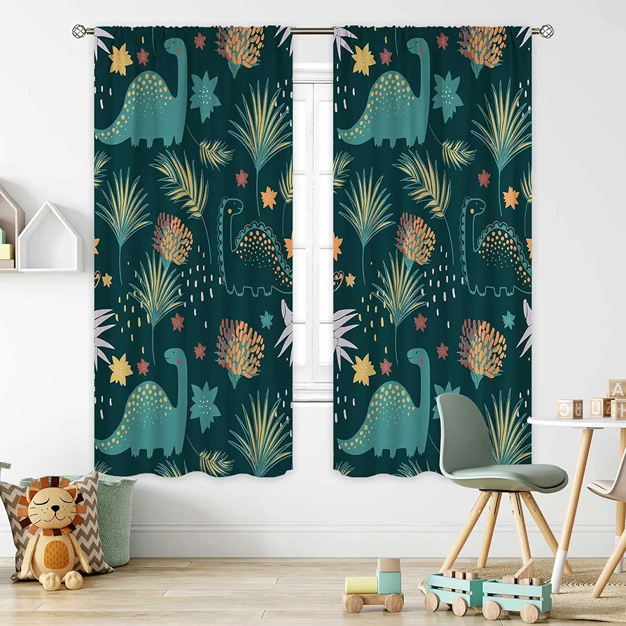 Cinbloo Kid Navy Blue Dino Curtains 42Wx63H Inch Rod Pocket Cute Cartoon Dinosaur Decor for Boys Bedroom Nursery Child Green Leaves Flower Botanical Plants Living Room Window Drapes Fabric 2 Panel