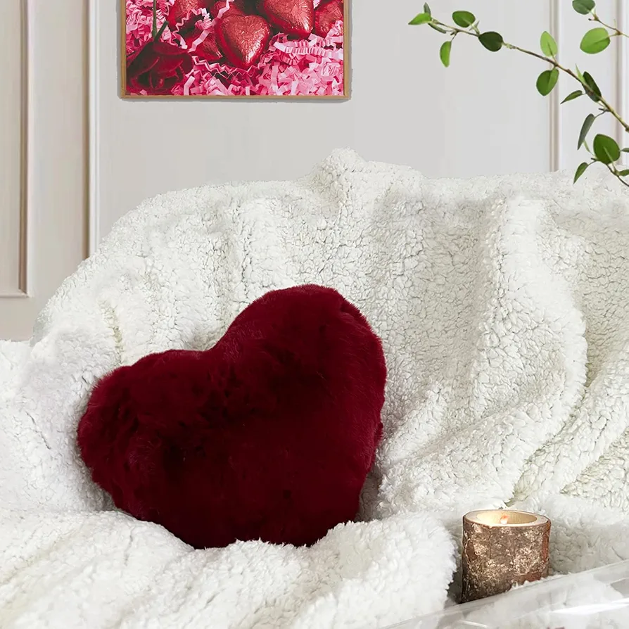 Heart Shaped Pillow, Cute Love Heart Pillow, Small Wine Red Heart Pillows Gifts, Faux Rabbit Fur Love Coquette Room Decor, Throw Pillows for Her, Kids, Girls Home Decoration, 10X11 Inch