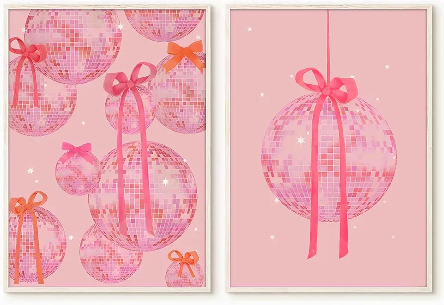 2Pcs Pink Disco Ball Wall Art Trendy Coquette Bows Canvas Posters Prints Funky Preppy Pink and Orange Aesthetic Wall Decor Pictures for Girly Dorm Room Apartment Decoration, 12x16in Unframed