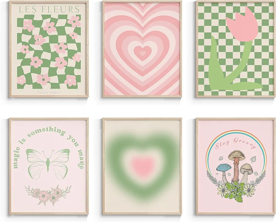 InSimSea Green and Pink Wall Art Set for Living Room, Danish Pastel Aesthetic Room Decor, Abstract Home Unframed Wall Art Prints, 6Pcs Preppy Posters for Bedroom, Bathroom, 8X10in, UNFRAMED