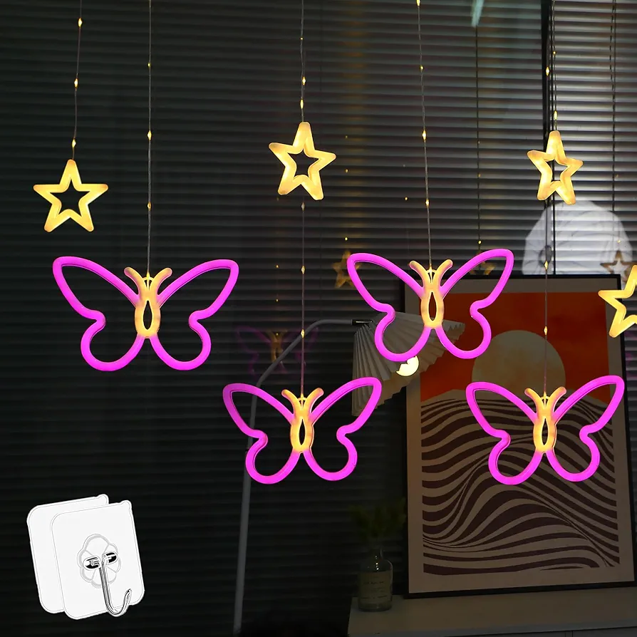 Neon Light String Lights – Butterfly and Star Lights for Bedroom– Neon Signs for Wall Decor with Fairy Lights – LED Curtain Lights Decorations for Home Decor, Holidays, Birthdays