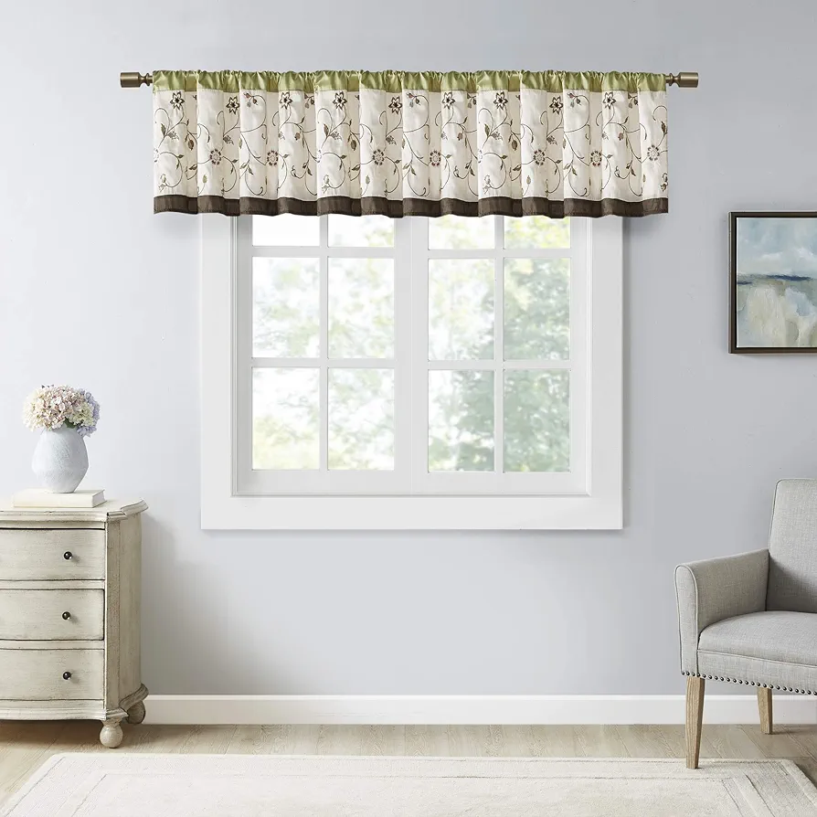 Madison Park Serene Embroidery Room-Darkening Valance Window Treatment Rod Pocket/Back Tab Short Drape, 50x18", Green