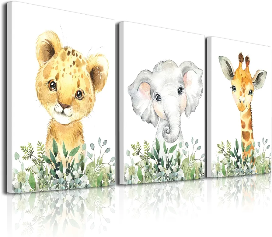 Baby Safari Nursery Wall Decor - Set of 3 Pictures Cute Animal Wall Prints on Canvas Jungle Nursery Safari Decor gifts for Baby Boys and Girls Room, Framed Wall Art (12 x16inch)