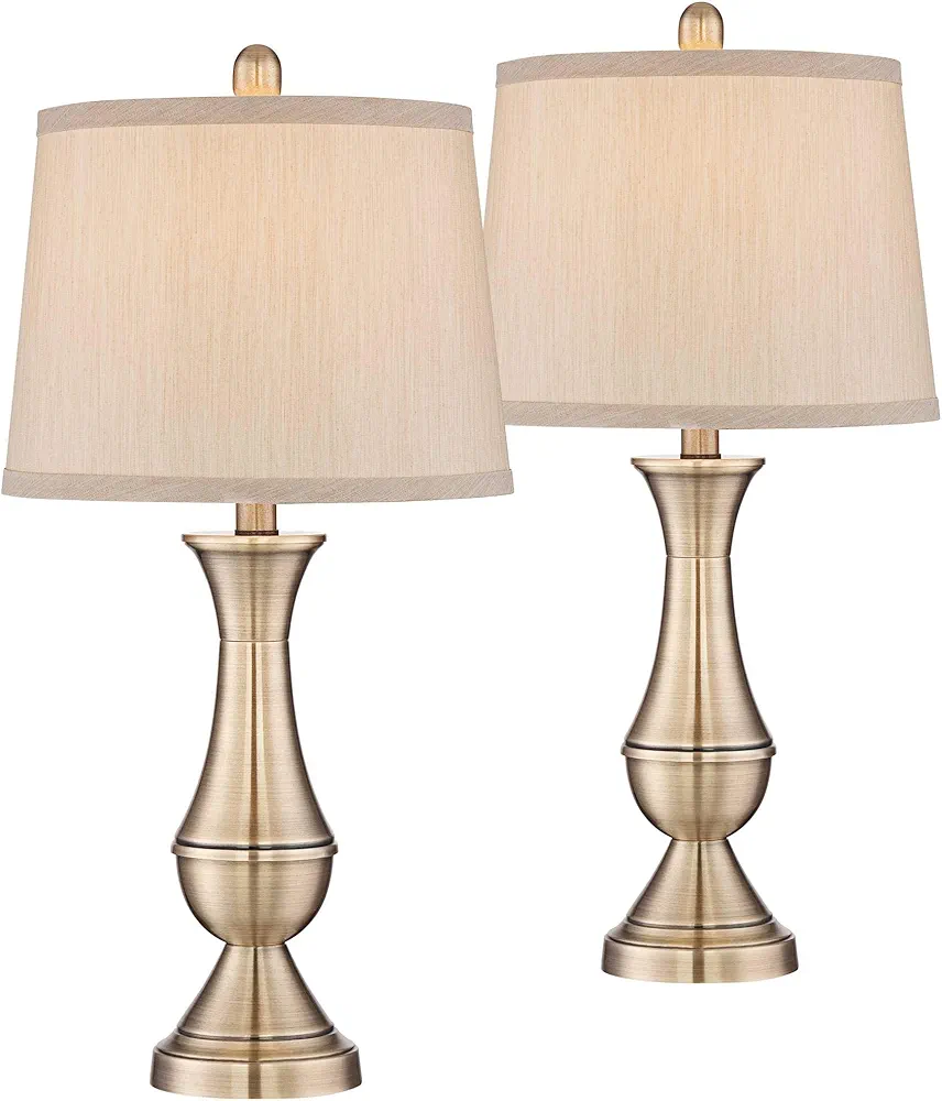 Regency Hill Becky Traditional Table Lamps 24.75" High Set of 2 Antique Brass Gold Metal Beige Tapered Drum Shade Decor for Living Room Bedroom House Bedside Nightstand Home Office Entryway