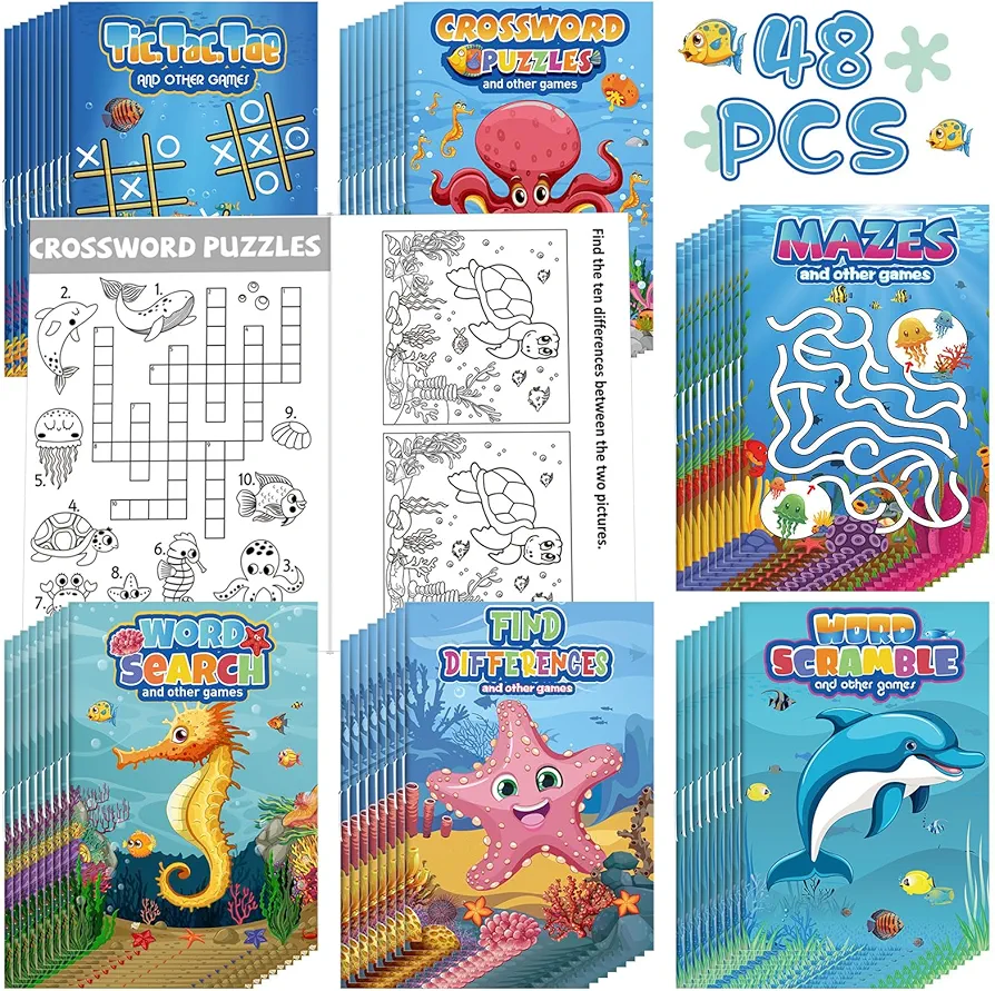 Hungdao 48 Pcs Mini Activity Books for Kids, Mini Fun Games Challenging Activities, Mazes, Word Search, Word Scramble, Find Difference and More for Party Classroom Gifts Bag (Ocean Animals)