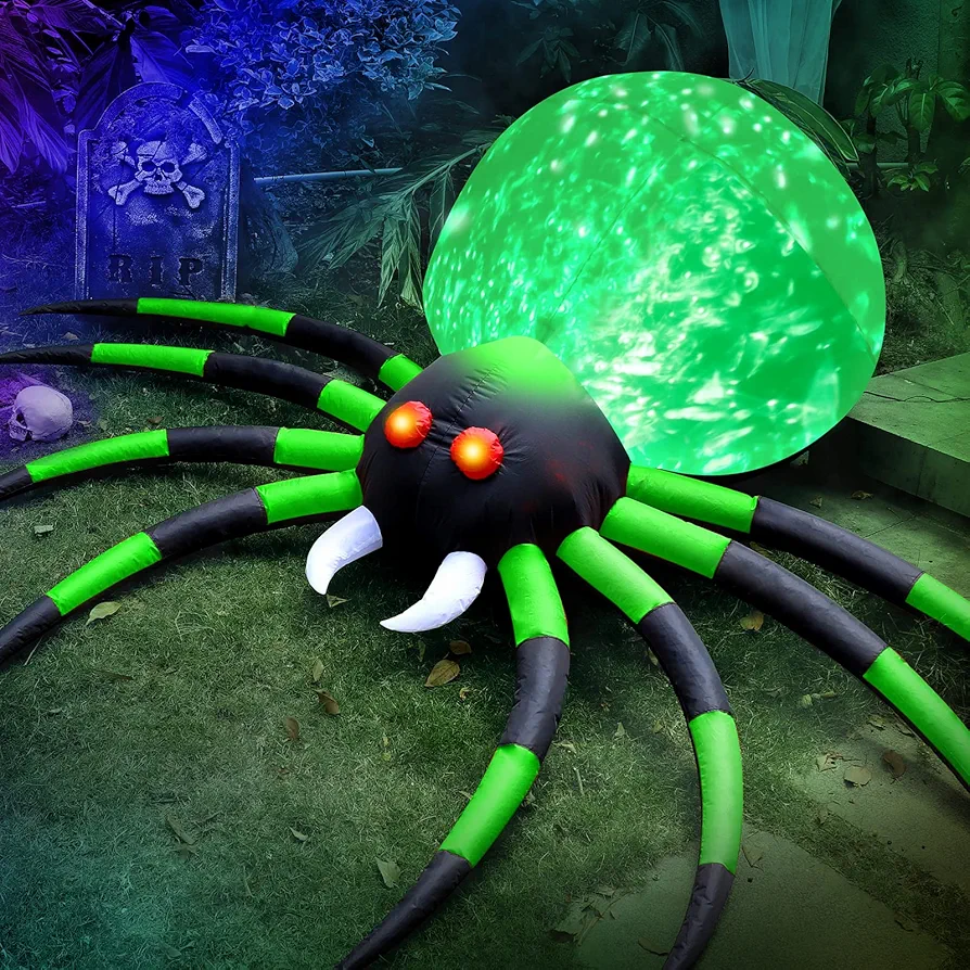 8FT Halloween Spider Inflatables Outdoor Decorations for Yard, Giant Green Spider with Blow up Rotating Fire Flame, Large Spooky Spider Props for Halloween Party Garden Lawn House Holiday Room Decor