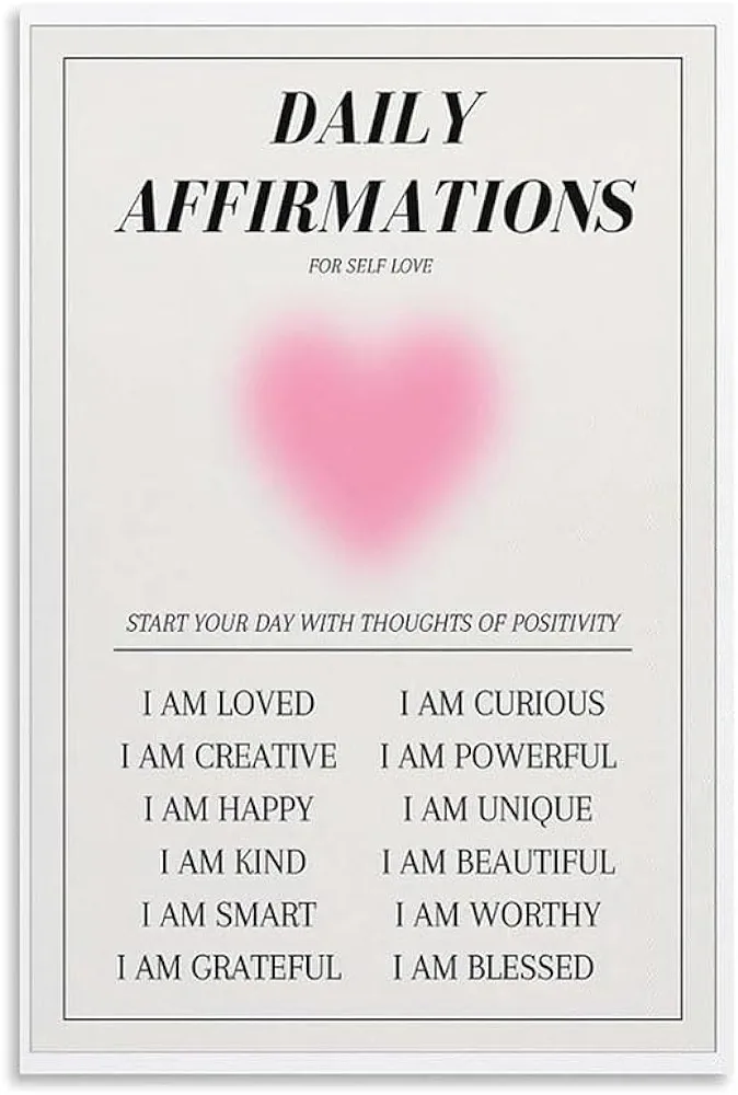 Daily Affirmations Aura Motivational Modern Canvas Wall Art，danish Trendy Pastel Minimalist Heart Shape Prints Painting Posters，cute Pink Girl Room Bedroom Wall Art Decor Aesthetic 12x16in Unframed