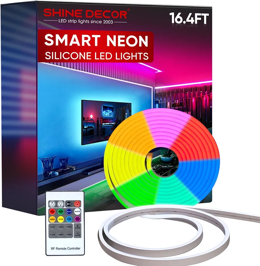 Shine Decor 12V LED RGB Neon Rope Lights, Remote Control Dimmable Silicone Neon Strip Light, 16.4FT/5M Flexible LED Neon Lights Color Changing IP65 for Indoor Outdoor Gaming Room RV Party Decoration