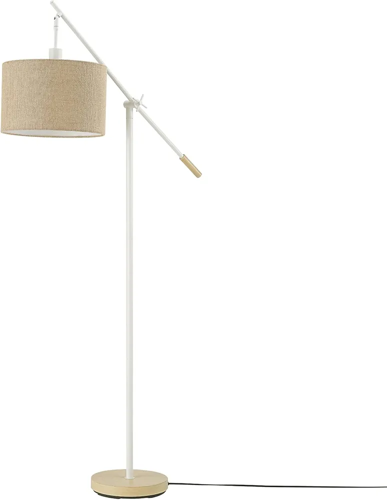 Globe Electric Serena 66" Floor Lamp, Matte White, Faux Wood Accents, Jute Shade, Dimmable Rotary Switch on Socket