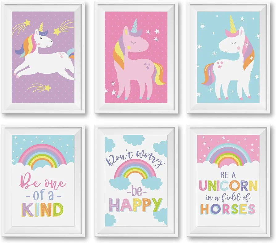 Hadley Designs 6 Reversible 8x10 Unicorn Wall Art Prints, Unicorn Room Decor For Girls Bedroom Wall Art Prints, Unicorn Party Decorations, Unicorn Bedroom Decor For Girls Room Wall Decor Bedroom