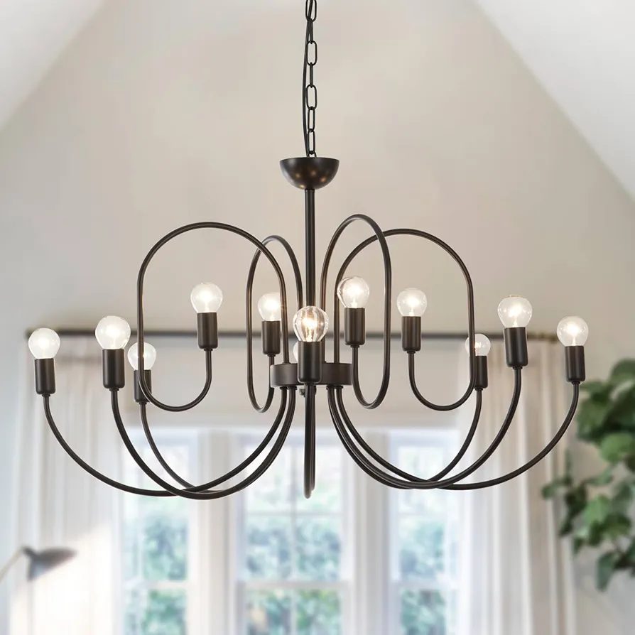 HONGREN 12 Light Black Farmhouse Chandelier Lights Fixture Candle Large Dining Room Chandeliers Over Table, Living Room, Kitchen Island, Bedroom, Foyer, Staircase,31.5in, E12