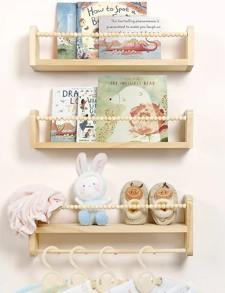 Nursery Floating Shelves for Wall, Set of 3 Book Shelves Natural Wood Wall Mounted Organizer with Towel Bar Hanging Bookshelves Nursery Decor for Kids Room, Bedroom and Kitchen