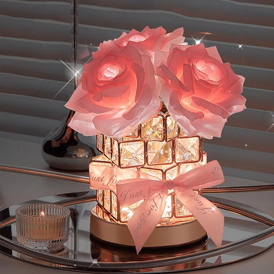 Rose Crystal Table Lamp, Rechargeable Cordless Rose Light 3 Colors Dimmable Flower Lamp, Romantic LED Rose Diamond Lamp for Bedroom Living Pink Room Decor, Valentine Birthday Gift for Her (Pink)