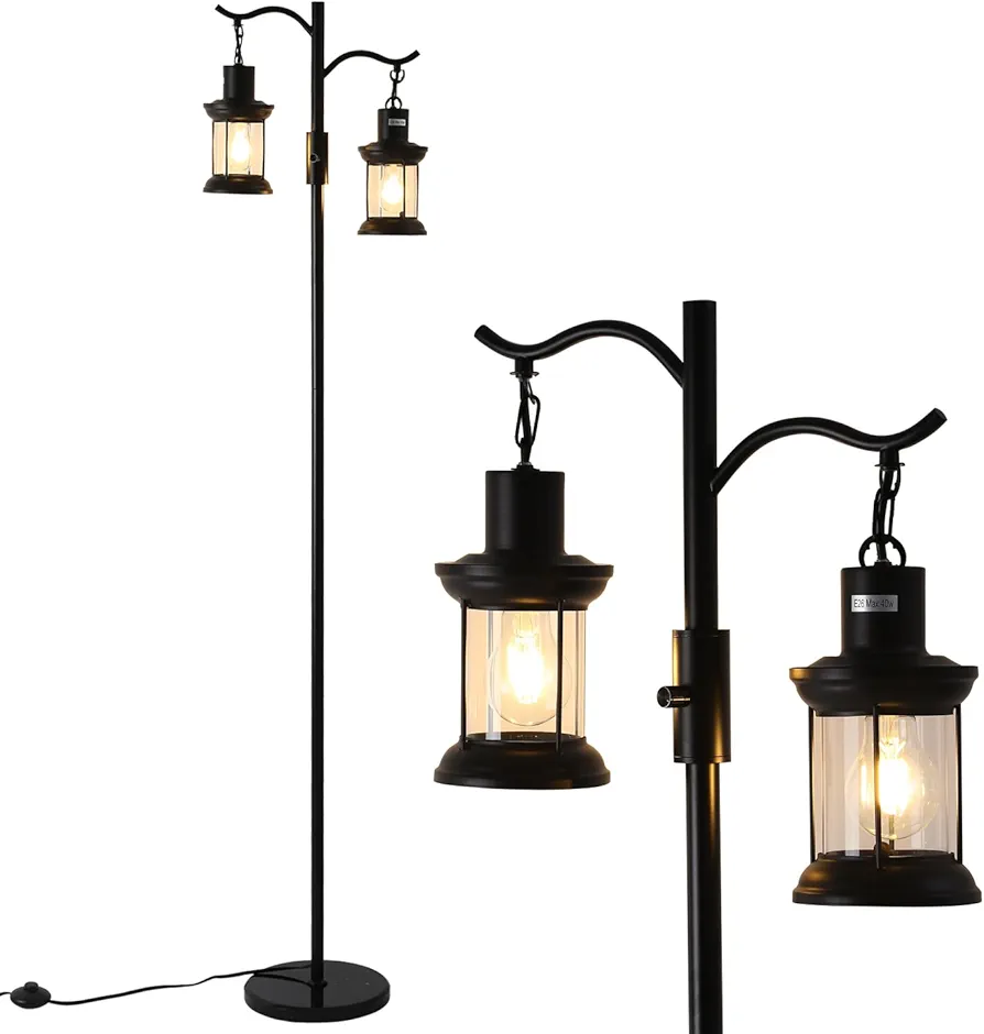 Vintage Dimmable Floor Lamp,2 Classical Lanterns Standing Lamp, Rustic Farmhouse Floor Lamp with Black Finish, for Living Room Bedroom (Black)