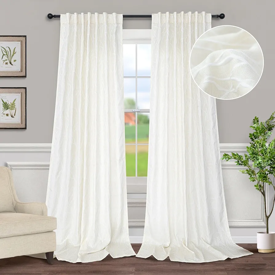 Cream White Curtains 84 Inch Length for Living Room Darkening 2 Panel Back Tab Pocket Textured Modern Farmhouse Tree Branch Pattern Light Filtering 50% Blackout Ivory Long Drapes for Bedroom Off White