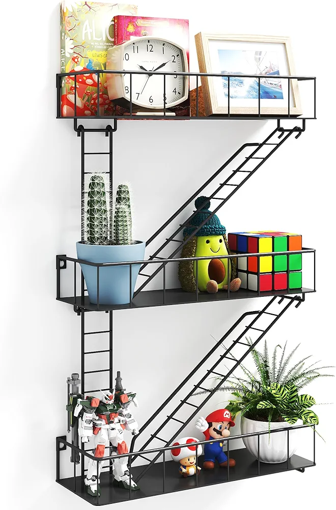 Black Metal Fire Escape Wall Shelf, Unique Decorative Shelves for Wall, New York Shelf Ladder Storage, Funky Knick Knack Shelf Organizer, Industrial Wall Shelves for Bathroom,Living Room