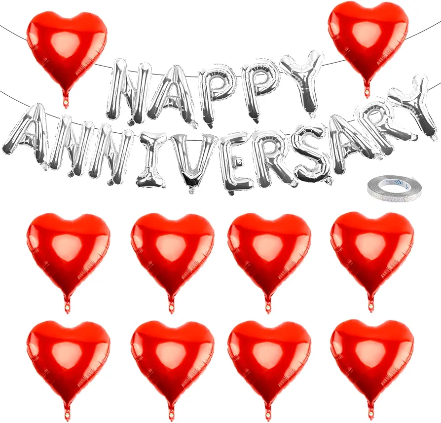 Happy Anniversary Balloons Decorations - 16 Inch Silver Anniversary Letters Banner with 18 Inch Heart Balloons, Happy Anniversary Backdrop for Room Wedding Party Celebrations Valentines Day Decor