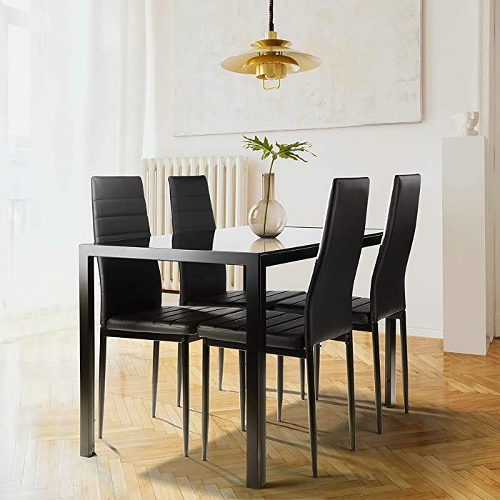 SLEERWAY Kitchen Dining Table Set for 4 People, Thickened Tempered Glass Desktop Kitchen Table and 4 Leather Chairs with Cushion, Modern Dining Room Sets for Small Space, 5 Pieces