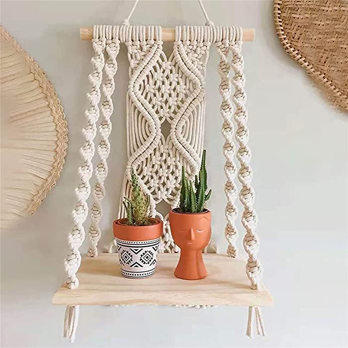 Hiuxume Macrame Wall Hanging Shelf - Bohemian Wall Decor for Bedroom - Woven Rope Macrame Wall Art as Boho Bathroom Shelf Decor - Macrame Shelf Wall Hanging Plant Hanger with Crochet Wall Hangings