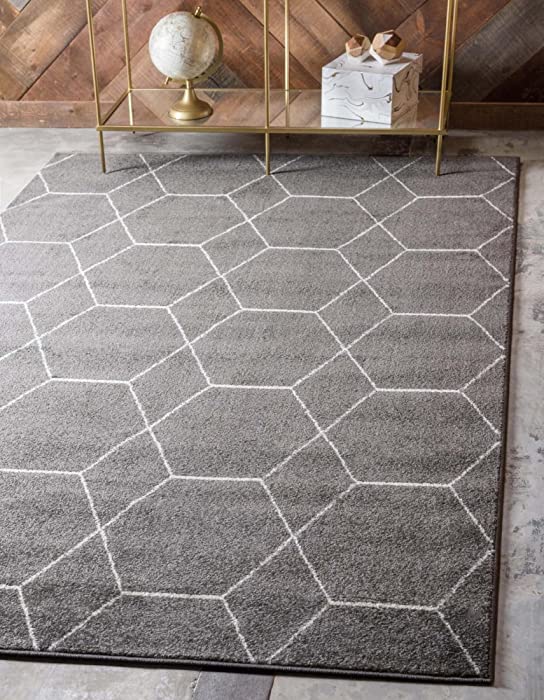 Unique Loom Trellis Frieze Collection Area Rug-Modern Morroccan Inspired Geometric Lattice Design, 8 ft x 10 ft, Dark Gray/ Ivory