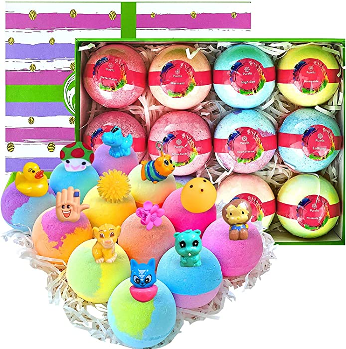 Surprise Bath Bomb Gift Set! 12 Large Kids Bath Bombs with Toys Inside! Natural Moisturizing Toy Bath Bombs with Toys Inside for Boys