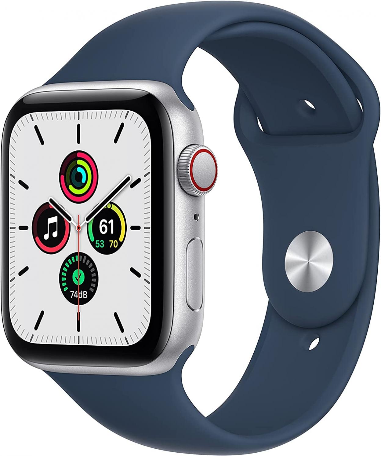 Apple Watch SE (GPS + Cellular, 44mm) - Silver Aluminium Case with Abyss Blue Sport Band - Regular with AppleCare+