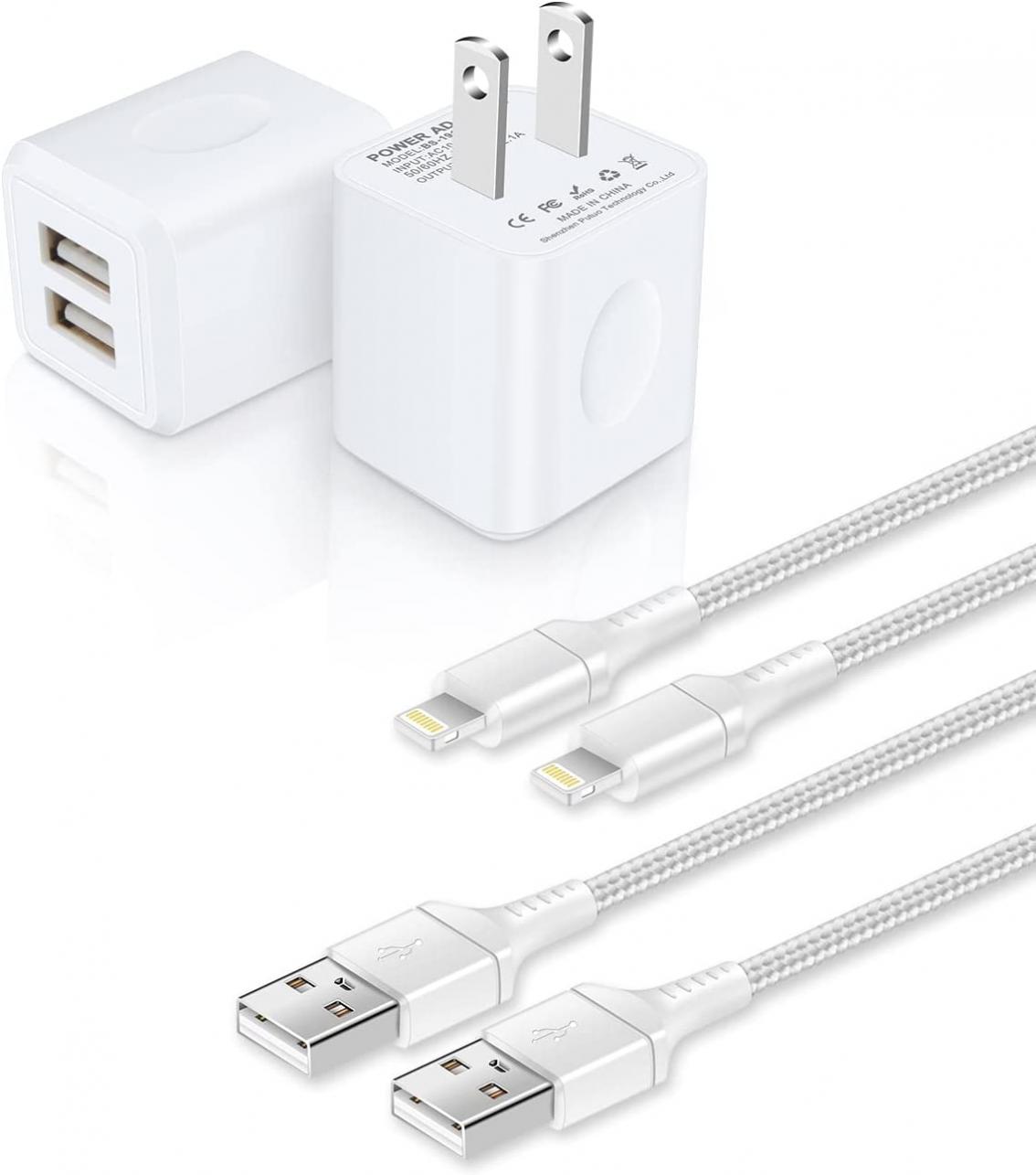 iPhone Charger, Dual Port USB Wall Block Station with MFI Certified Lightning Cable for iPhone 14/13/12 Pro Max Mini XS/XR/SE, iPad 2.1A Fast Charging Plug Adapter + Apple Original Cord 3FT | 2+2 Pack