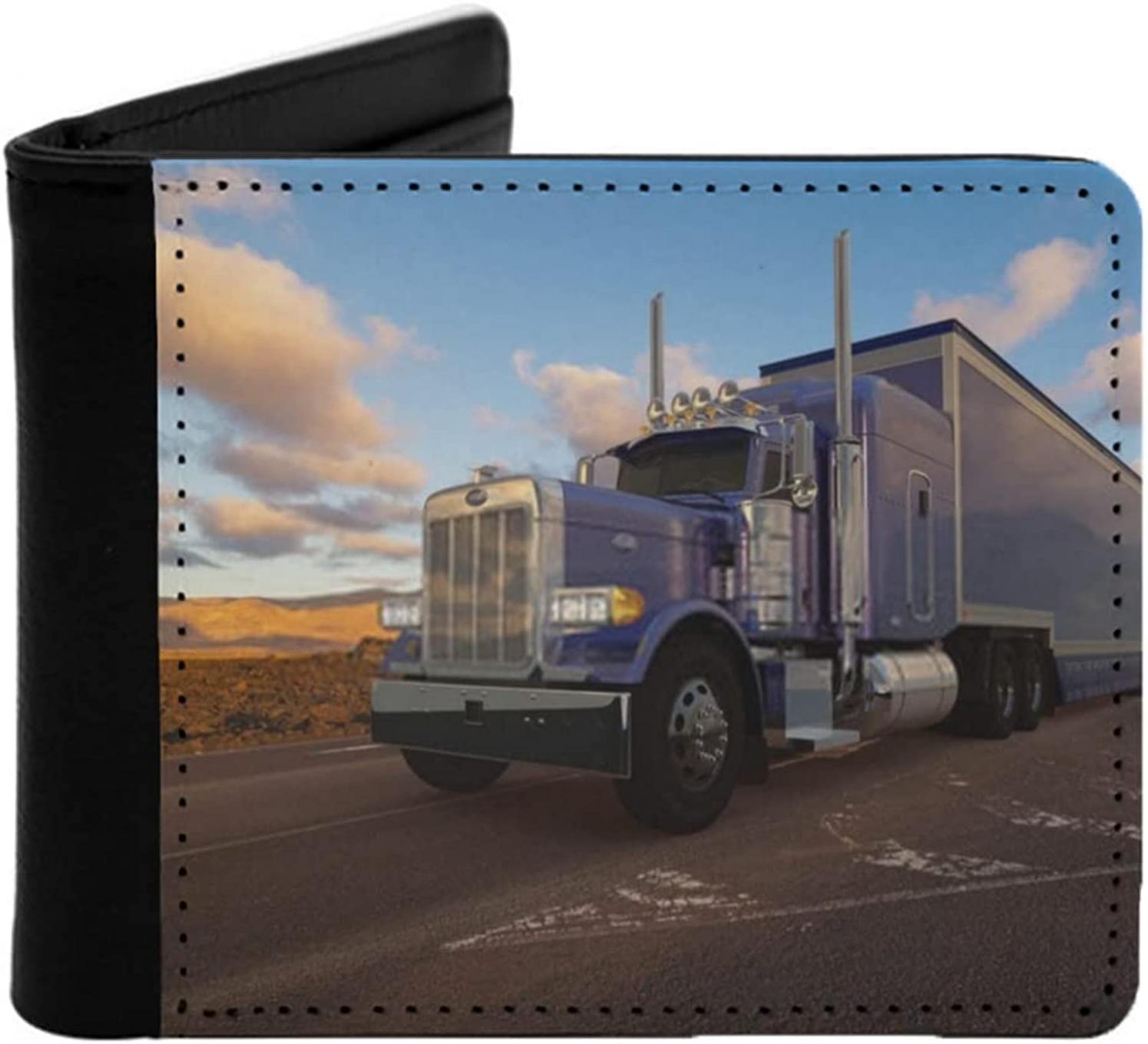 PU Leather Wallet,Truck American Peterbilt Truck Semi Trailer Driven Desert Road,Bifold Soft Slim Front Pocket Cards Holders Money Clip Nice Gift for Men Work Travel