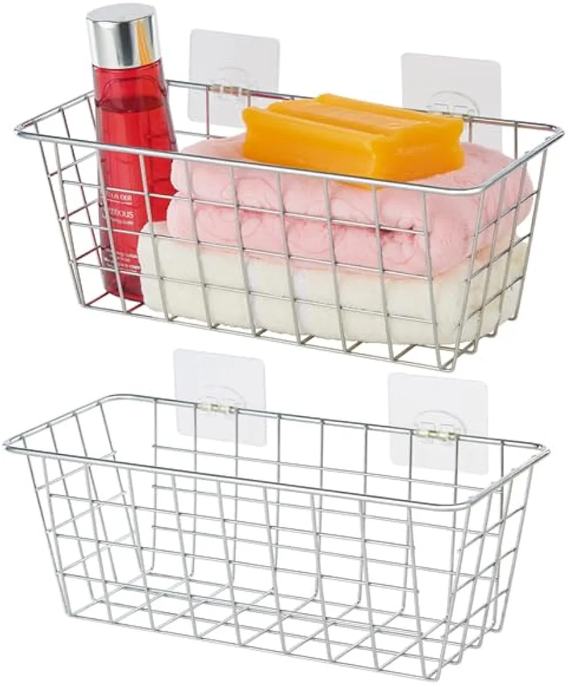 2 Pack Hanging Storage Basket, Bathroom Basket, Household Goods Storage Basket, with Traceless Tape, no Drilling, for Cabinet Storage, Kitchen, Bathroom, Storage Room,Chrome