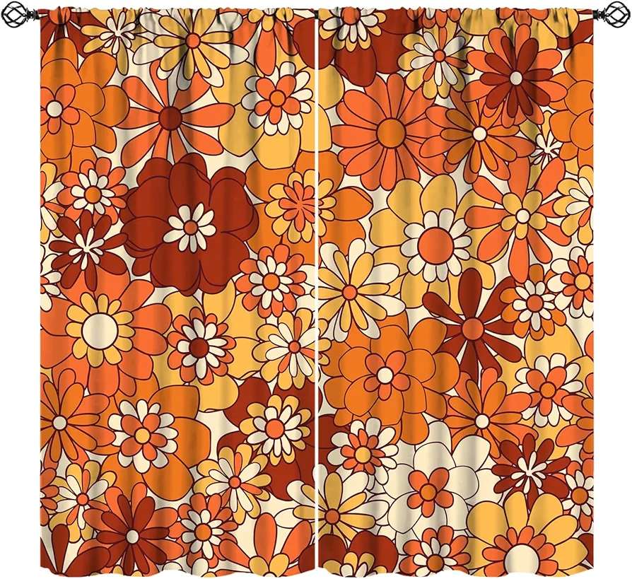 Vintage 70s Window Curtains, Boho Floral Hippie Bright Orange Flowers Groovy Blackout Drapes for Kids,Abstract Funny Art Print for Boys Girls Room Living Room 42x45 Inch