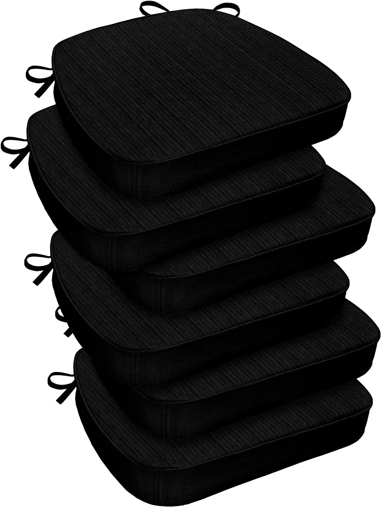 downluxe Indoor Chair Cushions for Dining Chairs, D-Shaped Chair Pads with Ties, Non Slip Memory Foam Dining Chair Cushions, 17" x 16" x 2.5", Black, 6 Pack