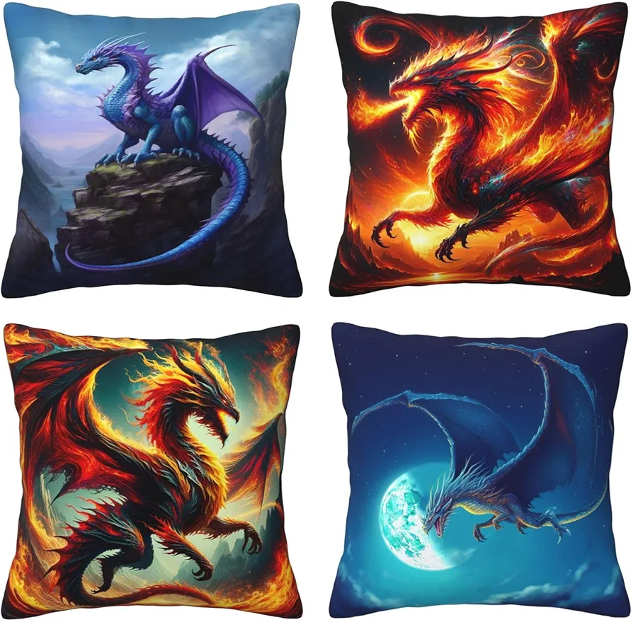 Dragon Throw Pillow Covers 16x16 Inch Purple Blue Flame Dragon Set of 4 Magic Decorative Throw Pillows Cases Outdoor Mix and Match Home Decor Pillowcases for Sofa Bed Car Couch Living Room