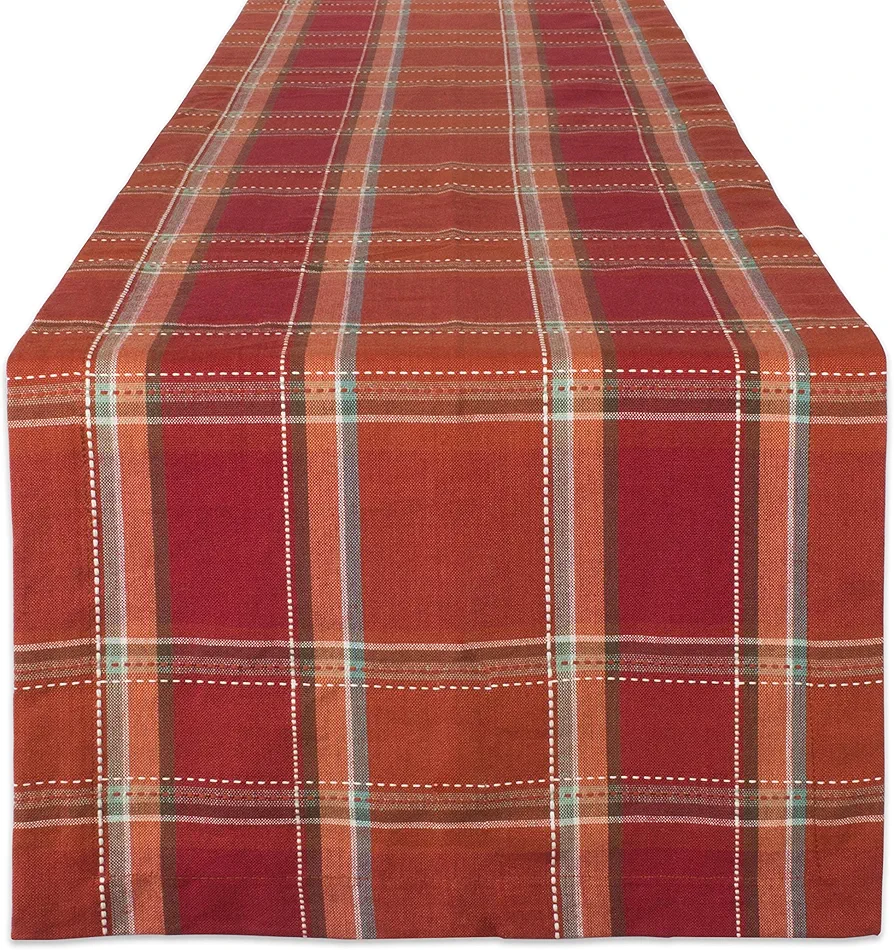 DII Autumn Pumpkin Spice Kitchen Collection Fall/Thanksgiving Cotton Table Décor, Table Runner, 14x108, Orange Plaid