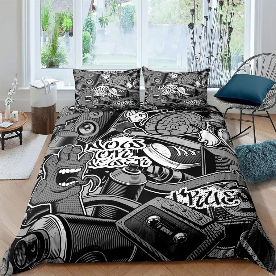 Feelyou Graffiti Bedding Set for Teens Boys Full Rock Music Theme Duvet Cover Set Hip Hop Comforter Cover Set Kids Teenage Street Art Quilt Cover Hippie Room Decor Bedding with 2 Pillow Shams (3Pcs)